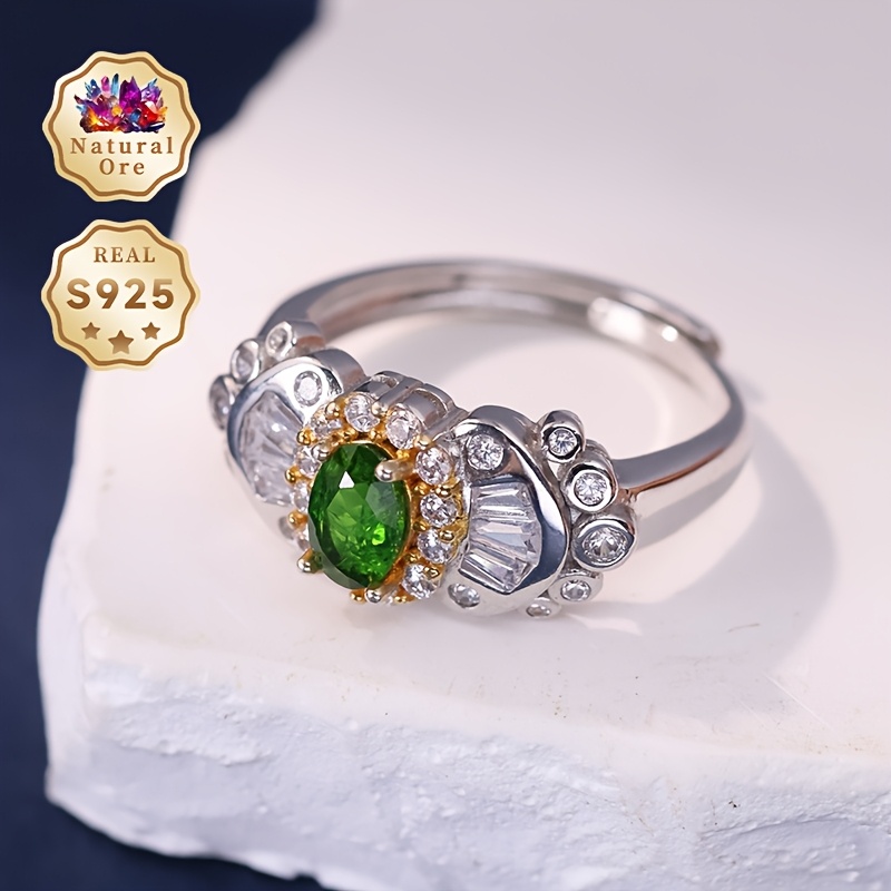 S925 Silver Green Translucent Gemstone Ring, Adjustable Design